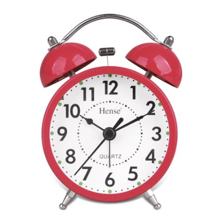 HENSE Classical Retro Twin Bell Mute Silent Quartz Movement Non Ticking Sweep Second Hand Bedside Desk Analog Alarm Clock with Nightlight and Loud Alarm HA01 (Red)