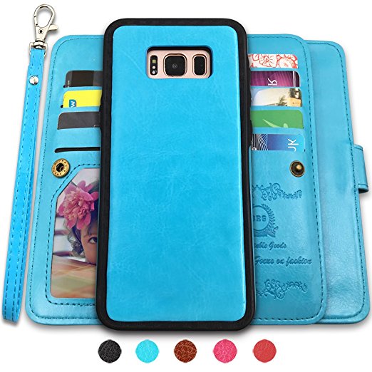 Galaxy S8 Plus Cases,Magnetic Detachable Lanyard Wallet Case with [8 Card Slots 1 Photo Window][Kickstand] for Galaxy S8 Plus-6.2 inch, CASEOWL 2 in 1 Premium Leather Removable TPU Case(Blue)