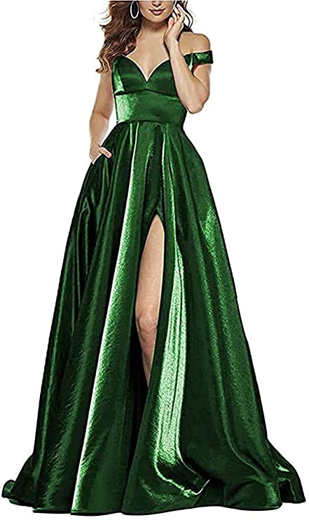 Split Prom Dresses 2021 Ball Gowns for Women Formal Long Off Shoulder Wedding Evening Party Dresses with Pockets