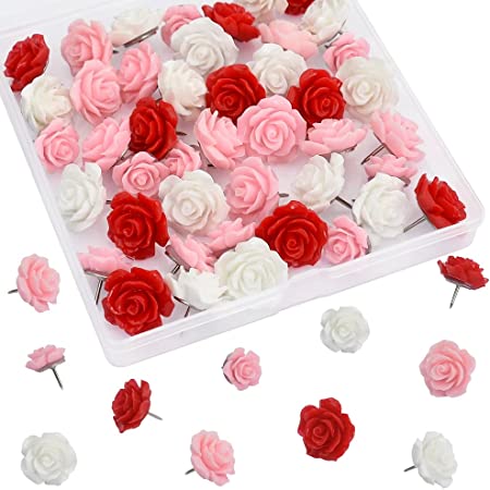 40 Pcs Red Rose Flower Push Pin with Gradient Color Decorative Thumbtacks Floret Flower Push Pins for School, Home, Office