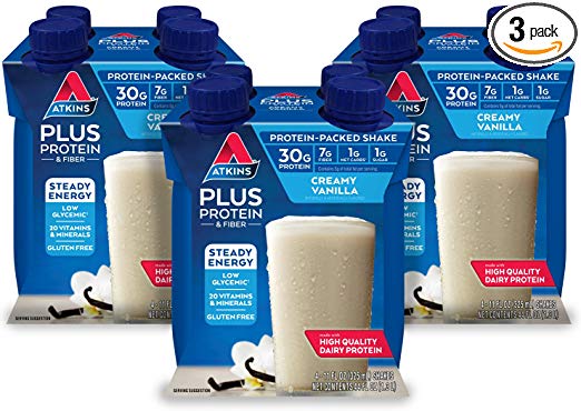 Atkins Plus Protein-Packed Shake, Vanilla, 4 Count per Pack, 44 Fl Oz, Pack of 3