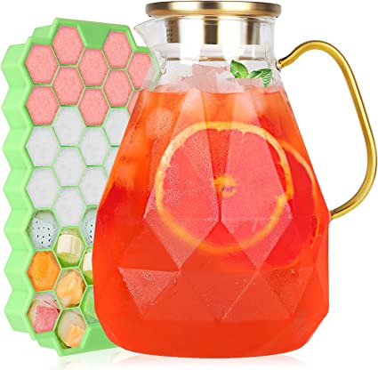 Glass Pitcher with Lid - 88OZ Water Carafe Iced Tea Jug,Free Ice Tray Included - Beverage,Drinks,Juice,Coffee,Milk Quart Jar for Fridge,Party Serving - Ergonomic Handle and Spout - Diamond Pattern