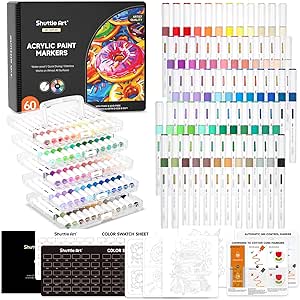 Shuttle Art Automatic Ink Control Acrylic Paint Markers, 60 Colors Brush Tip Acrylic Paint Pens for Rock Painting, Ceramic, Wood, Canvas, Glass, Stone, Fabric, Card Making, DIY & Art Supplies