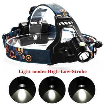 Bright Headlamp T6 LED Headlight Adjustable 3Mode Hands Free Head Mounted Work Light Water-resistant Outdoor Camping Torch Flashlight 3AA Battery Powered (Not Included)