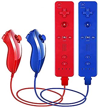 VTone 2 Packs Gesture Controller and Nunchuck Joystick with Silicone Case and Wrist Strap Compatible for wii/wii u Console (Red and Dark Blue)