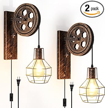Retro Industrial Wall Sconce, 2Pack Antique Brass Vintage Plug in Wall Lighting, Industrial Lantern Retro Lamp Metal Wall Light Fixtures for Bedside Bedroom Home Dining Room