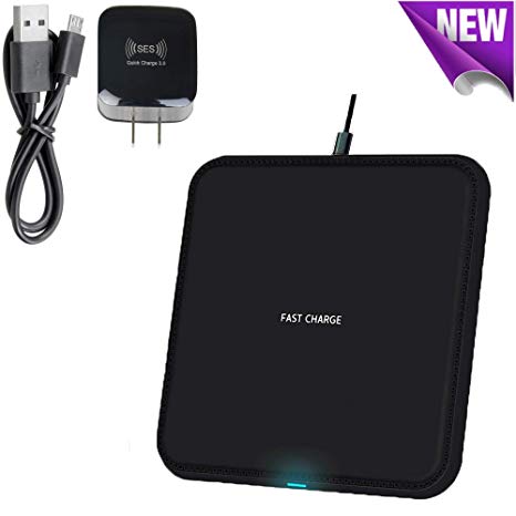 Wireless Charger, Qi Wireless Fast Charging Pad Station Mat 10W Compatible iPhone X XS XR MAX 8 Plus Samsung Galaxy S9 S8 S7 Note 9 8 5 Nexus Droid HTC LG G6 G7 2A QC 3.0 AC Adapter Included Squared