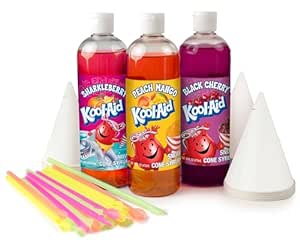 Kool-Aid Snow Cone Syrup Party Kit - Sharkleberry, Peach Mango, Black Cherry - 20 Snow Cone Cups & Spoon Straws