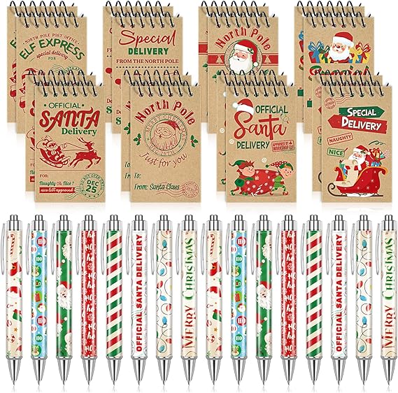 Zhanmai 32 Pcs Christmas Mini Notepads with Pens Set North Pole Spiral Notepads Official Santa Delivery Pens Xmas Memo Notebooks Ballpoint Pen for Kids Xmas Holiday Party (Vintage Color)