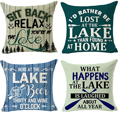Andreannie Pack of 4 Summer Sit Back Relax You are at The Lake House Cotton Linen Throw Pillow Cover Cushion Case Home Decorative Square 18X18 inches (Set of 4)