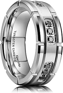 King Will GEM Mens 8mm Black/Silver/Gunmetal/Rose Gold Polished Finish Tungsten Carbide Ring Cubic Zircon Stones Flat Style