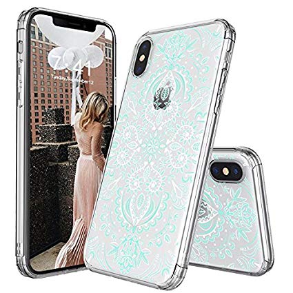 MOSNOVO Case for iPhone XS/iPhone X, Aqua and White Mandala Printed Clear Design Transparent Plastic Hard Back Case with TPU Bumper Protective Case Cover for Apple iPhone X/iPhone XS