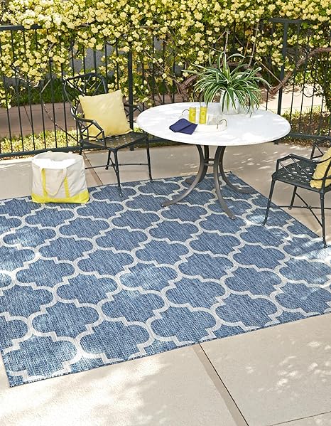 Unique Loom Trellis Collection Area Rug-Lattice Design, Moroccan Inspired for Indoor/Outdoor Décor, 7' 10" x 7' 10" Square, Navy Blue/Gray