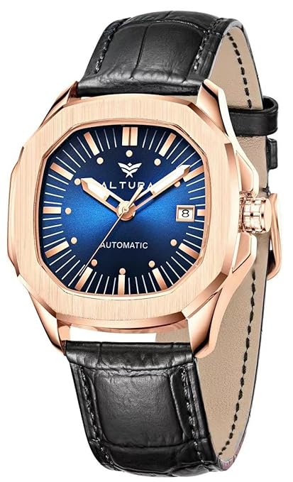 ALTURA Verto Automatic Watch Mechanical Wrist Watch for Men 45mm Octagonal Case with Genuine Leather Band Self-Wind Watch for Men (B-BK-RG-BU)