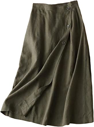CHARTOU Women's Summer Linen Cotton Elastic Back Buttoned Swing Midi A Line Skirt