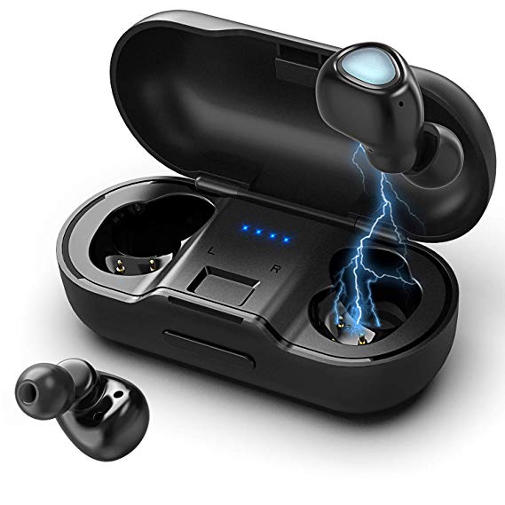 Bovon Wireless Earbuds, [Bluetooth 5.0] Dual True In-Ear Wireless Headphones, 19H Playtime, 3D Stereo Sound with Bass, Built-in Mic, IPX4 Sweatproof Mini Earbuds with 480mAh Charging Case (Black)