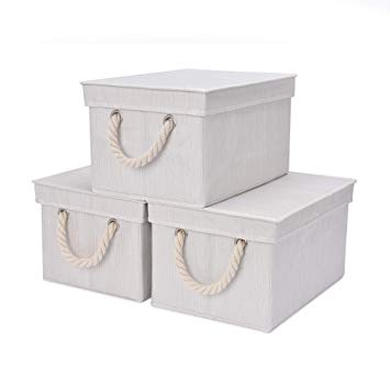 StorageWorks Storage Bins, DVD Storage Box with Lid and Cotton Rope Handles, Foldable Storage Basket, White, Bamboo Style, 3-Pack, Medium, 11.4x8.7x6.9 inches. (LxWxH)