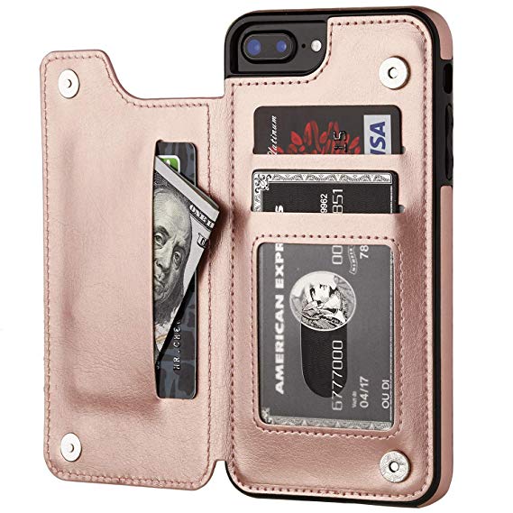 iPhone 7 Plus iPhone 8 Plus Wallet Case with Card Holder,OT ONETOP Premium PU Leather Kickstand Card Slots Case,Double Magnetic Clasp and Durable Shockproof Cover 5.5 Inch(Rose Gold)