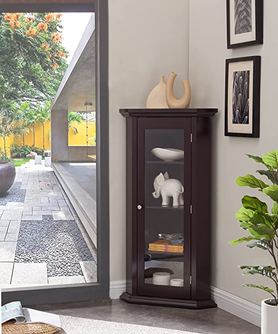 Kings Brand Furniture - Corner Curio Storage Cabinet with Glass Door, Cherry Finish