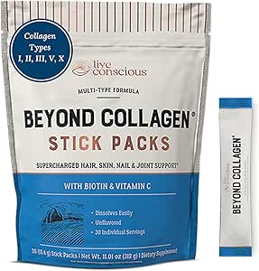 Live Conscious Beyond Collagen Peptides Powder Unflavored Packets - Hydrolyzed Collagen Powder - Hair Skin Nail & Joint Support - Type I & III Grass-Fed Collagen Supplements for Women & Men (30 Pack)