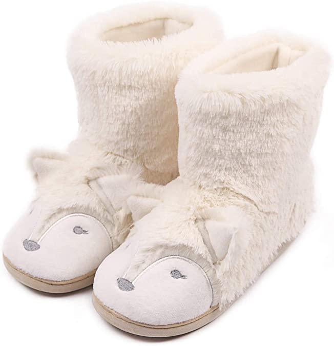 Caramella Bubble Fox Fuzzy Bootie Women Slippers Winter Furry Plush Indoor/Outdoor Anti-Slip Booties, Grey, 7.5/8 UK