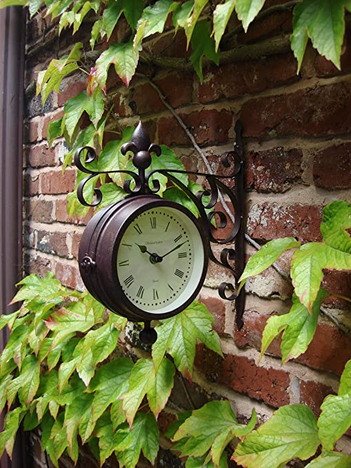 Outdoor indoor Clock double sided Thermometer Garden Wall Station Dia 14.5cm