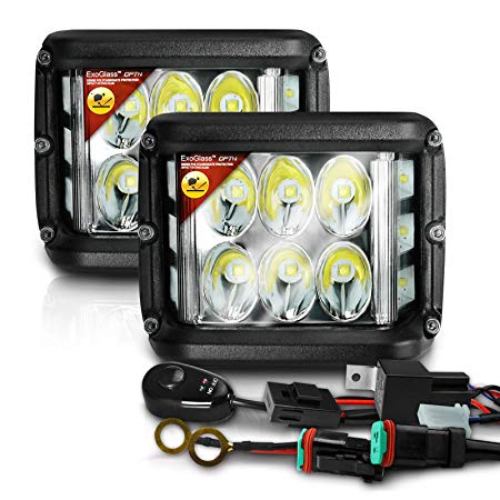 2pc SideShooter 96w LED Pods w/ExoGlass and Switch Wiring Harness and Mounting Brackets - 9,000 Lms Spot/Flood - 180° WIDE ANGLE Off Road Side Shooter Cube - Great LED Fog Backup Auxiliary Lighting -