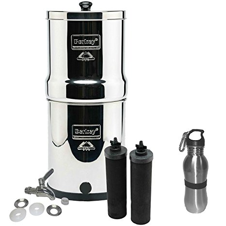 Big Berkey Water Filter Stainless Steel Bundle: 2 Black Filters, Stainless Steel Spigot, 1 Stainless Steel Water Bottle (2 Gallon Big Berkey)