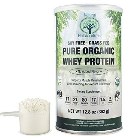 Natural Nutra Organic Whey Protein Powder, Unsweetened, Grass Fed, Scoop Included, 12.8 oz