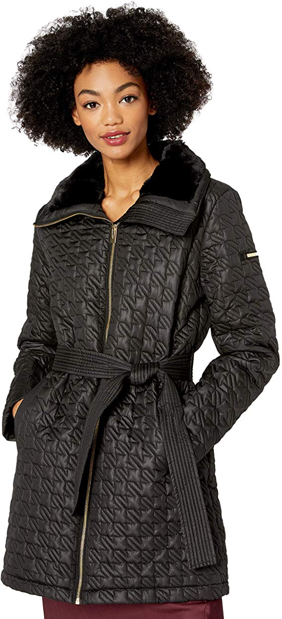 VIA SPIGA Women's Houndstooth Quilted Coat W/Faux-Fur Collar