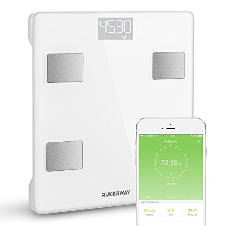 Rukerway Fat Scale Bluetooth, Smart Scale, Body Composition Monitors, Digital Scale with the iOS and Android APP Monitoring 13 Health Data: Weight, BMI, Body Fat, Protein, Muscle Mass Etc. (White)