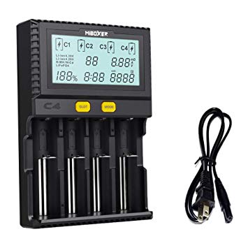 Miboxer 18650 Smart Battery Charger Universal Intelligent 4 Slot Automatic LCD Display for Li-ion LiFePO4 Ni-MH Ni-Cd AA AAA C 26650 18350 17670 18700 21700 20700 RCR123 Fire Prevention Material