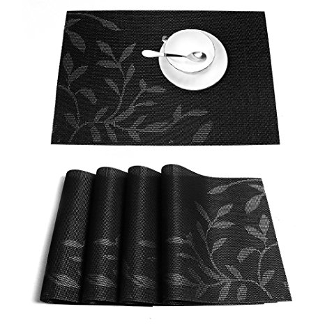 HEBE Placemats Set of 4 Black Placemats for Dining Table Washable Heat-resistant Stain Resistant Woven Vinyl Kitchen Table Place Mats