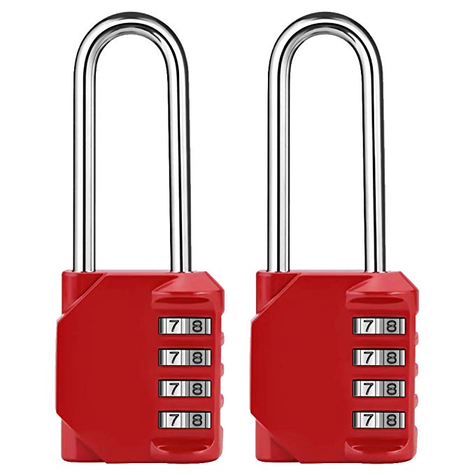 2.5 Inch Long Shackle 4 Digit Combination Lock and Outdoor Resettable Waterproof Padlock for Gym Locker, Chest, Gate, Hasp Cabinet, Toolbox (Red,Pack of 2)