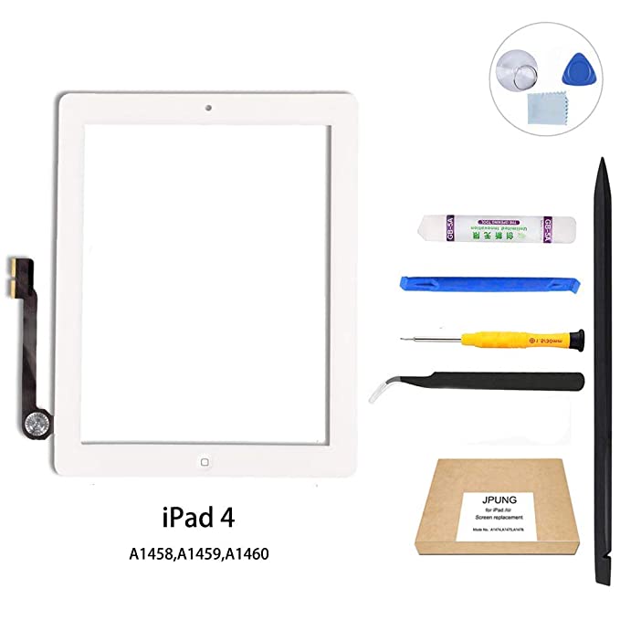 JPUNG Screen Replacement for iPad 4th, only for A1458,A1459,A1460, with Home Button, Complete Repair Tools Kit, Camera Holder, Pre-Installed Adhesive [365 Days Warranty]