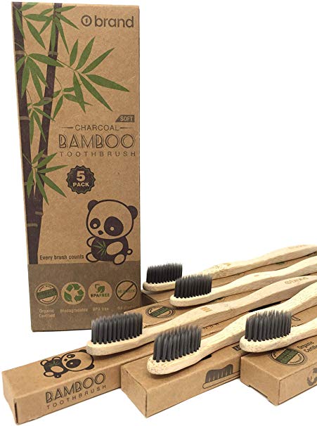 Bamboo Toothbrush, CHARCOAL, 5 PACK, SOFT Bristle Toothbrush For Sensitive Gums, Eco Friendly & Natural, BPA Free, Wooden Toothbrushes, Zero Waste Products, Organic, Vegan, Tooth Brush, Non Plastic, Environmental