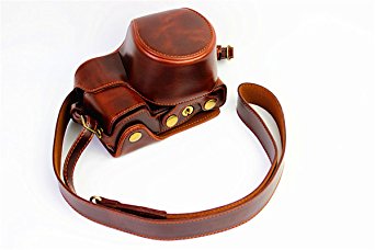 Hwota Handmate Premium PU Full Body Leather Camera Case Bag For Sony Alpha A6000 A6300 Fit 16-50mm Lens Neck Strap -Coffee