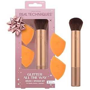 Real Techniques Glitter All The Way Brush   Sponge 3 Piece Holiday Gift Set, Makeup Sponges & Makeup Brush For Liquid & Cream Foundation, Contour, & Blush, Stocking Stuffer, Limited Edition