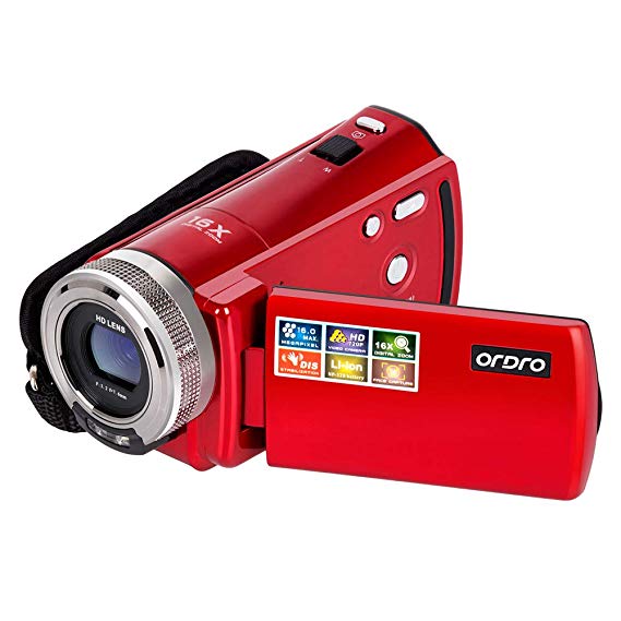 Camera Camcorder, ORDRO Portable 720P Video Camera Recorder for YouTube or Vlog 16MP Digital Camera DV Video Camcorder with a 16GB SD Card and 2 Batteries (HDV-108 Red)