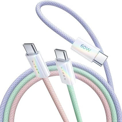 LISEN USB C Cable, 3-Pack 6.6FT USBC to USBC Cable 48 Strand Braided, 60W (3.1A) USB C to USB C Fast Charging Cable Cord Colorful for iPhone 15 Pro Max iPad Pro, Samsung S23/22, MacBook Air Pro, iPad