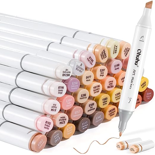 Ohuhu Skin Tone Colors Alcohol-Based Markers, Sketch Art Marker for Kids and Adult Coloring, Illustration, Comes W/1 Color Less Alcohol Marker Blender (Chisel & Fine, 36 Skin Tone Colours)