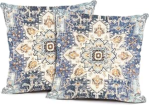 2Pcs Ethnic Pattern Blue Boho Pillow Cover 18x18 Inch Southwest Farmhouse Pillow Cover Home Decor Cotton Linen Throw Pillow Case Cushion Cover for Sofa Couch