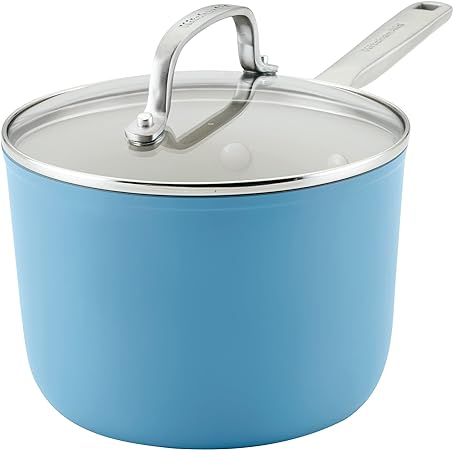 KitchenAid Hard Anodized Ceramic Nonstick Cookware Sauce Pan with Lid, 3 Quart, Blue Velvet