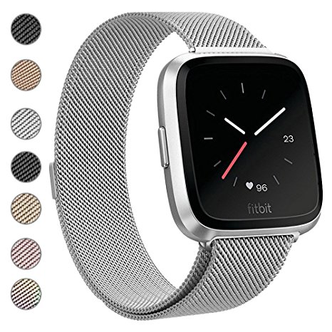 Deyo Fitbit Versa Bands for Women Men Large Small,Stainless Steel Milanese Loop Metal Replacement Bracelet Band with Magnetic Closure Accessories Wristbands for Fitbit Versa Smartwatch(Silver, S)