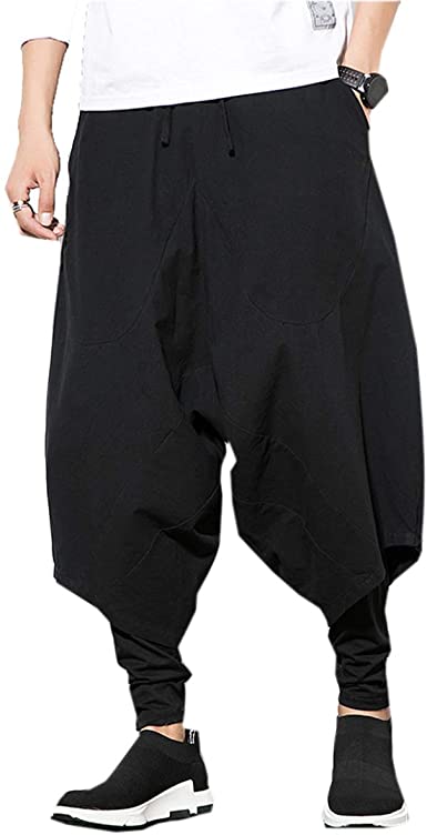 PRIJOUHE Men's Harem Pants, Baggy Wide Leg Hip Hop Pants, Cotton