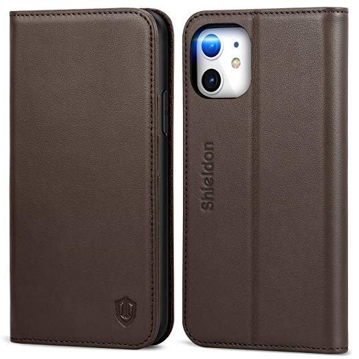 SHIELDON iPhone 11 Case, Genuine Leather iPhone 11 Wallet Flip Magnetic Cover RFID Blocking Card Slots Holder Kickstand TPU Shockproof Case Compatible with iPhone 11 (6.1 Inch, 2019) - Coffee Brown
