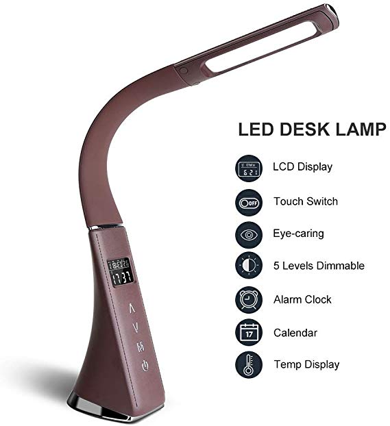 LED Desk Lamp, Eye-Caring Table Lamp, CFGROW Dimmable Office Study Desk Light with Calendar Thermometer Time & Alarm Clock, 3 Mode 5 Level, Touch Control, Memory Function for Reading,Studying,Working