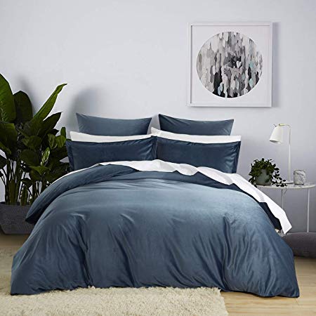 PHF Velvet Duvet Cover Set Luxurious Bedding Set Soft Solid Warm 3 Pieces with Corner Ties for Winter Heavyweight Queen Size Blue Greyish