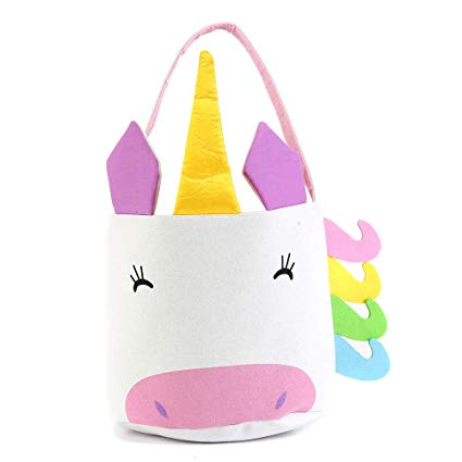 Unicorn Easter Basket Canvas Cartoon Easter Basket for Eggs Hunts (Gold Unicorn)