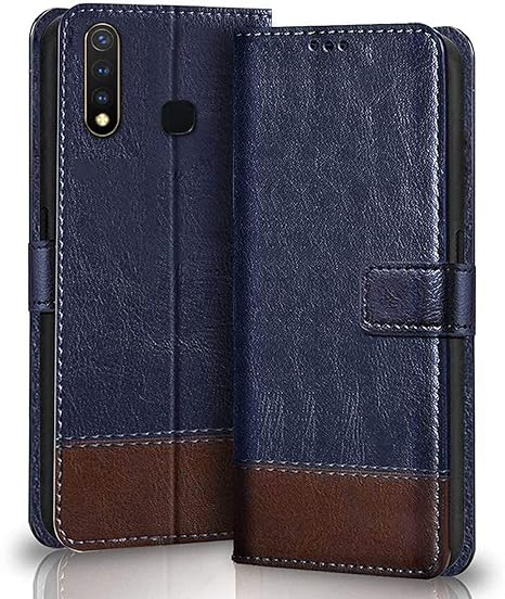 Windmill Premium Vegan Leather Dual Flip Magnetic Mobile Cover Case|Kickstand & Card Holder|360 Degree Grip Protection| Wallet Type with Magnetic Closure for VIVO Y19|VIVO Z1 Pro|VIVO U20-(Blue with Brown)